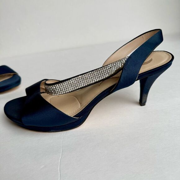 Nina Navy Blue Satin Asymmetrical Rhinestone Shoes Homecoming Sandals Heels Sz 8 - Picture 8 of 9
